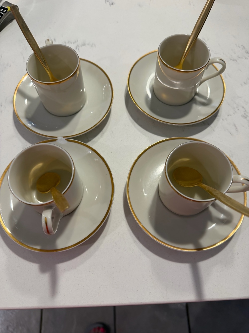 Vintage Royal Golden Ivory Tea Cup & Saucer Set spoons w Gold Trim (Set of 4)